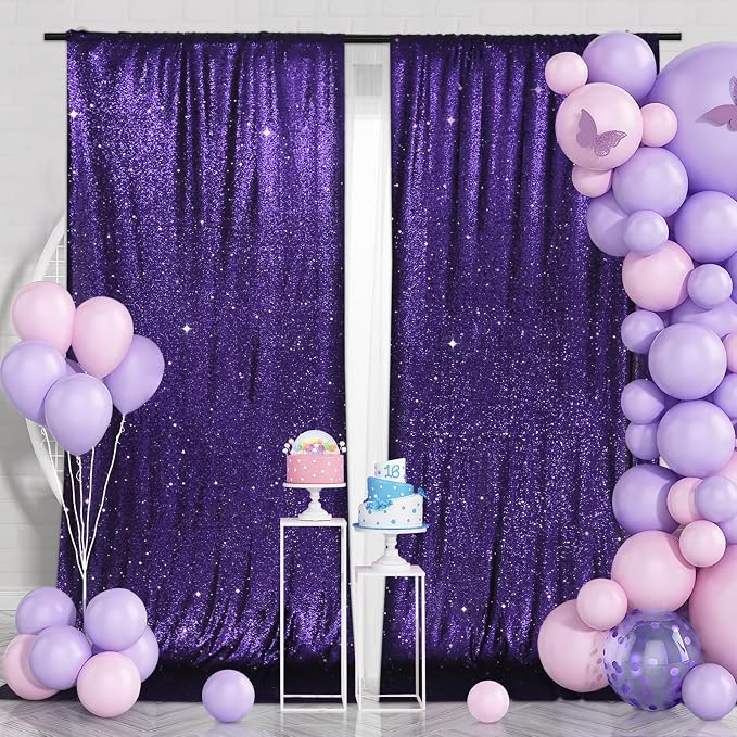 PartyDelight Purple Sequin Backdrop 5x10ft 2 Panels 4 Inch Rod Pocket | Dense 3mm purple sequins on mesh backing with 4 inch rod pocket for wide reception walls head tables stages and layered event