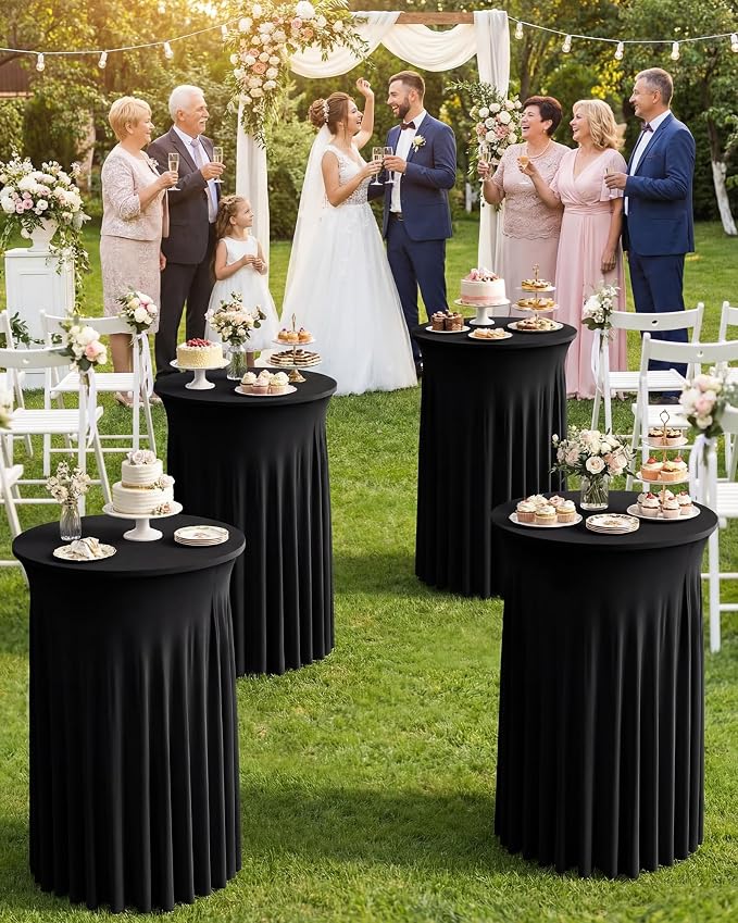 KeyWave Cocktail Table Tablecloth with Skirts - 24x43 Inch Wavy Spandex High Top Cocktail Table Covers, Ruffle Drape Highboy Tablecloth Reusable for Party Wedding Cake Standing Table, Black, 6 Pack