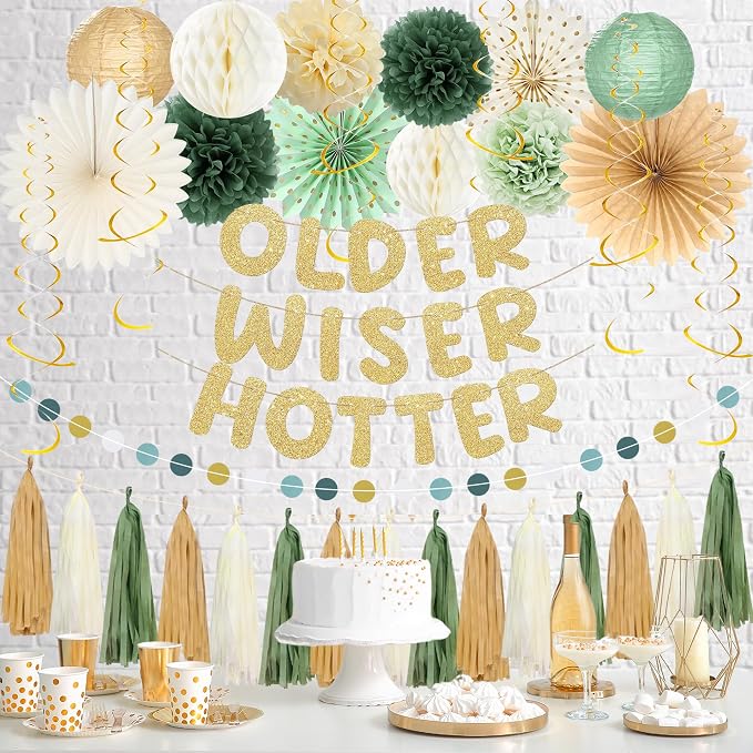 Roetyce Birthday Party Decorations, Green Gold Glitter Older Wiser Hotter Banner Photo Background for Women Men, Funny Happy Birthday Backdrop Decor, 30th 40th 50th 60th 70th 80th Party Supplies