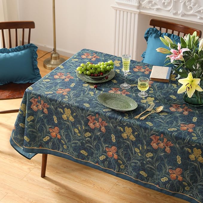 patdrea Vintage French Linen Tablecloth,Rectangular,102"x63"-Herbert C | Elegant Large Table Cloth for Rectangle Table,Navy Blue Floral Patterned,Dining Room Tea Party Thanksgiving Coffe Table