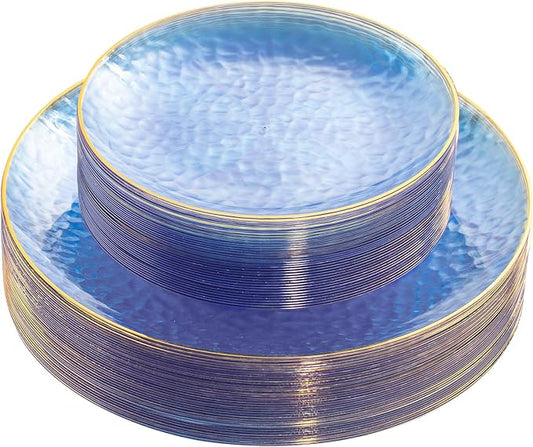 Rubtlamp 60Pcs Clear Blue Plastic Plates, Hammered Blue Plates, Clear Fancy Disposable Plates With Gold Rim Include 30 Dessert Plates, 30 Dinner Plates for Party