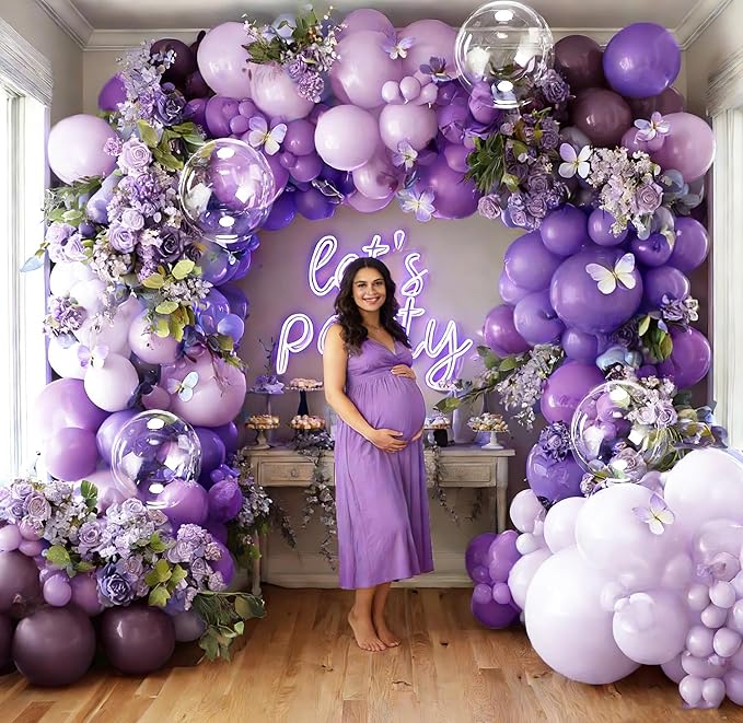 Purple Lavender Balloon Arch Double Stuffed Dark Purple Lilac Balloon Garland Kit With Clear Balloons for Birthday Wedding Butterfly Bridal Baby Shower Fairy Wild Flower Valentine Party Decor