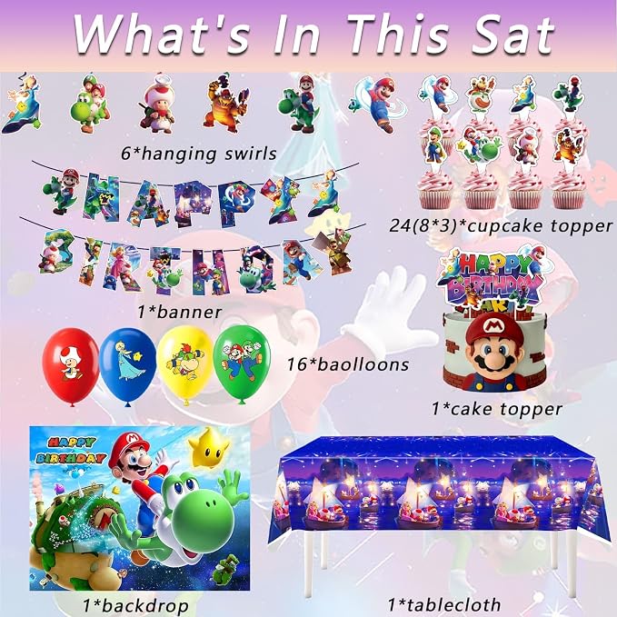 Birthday Party Decorations,50PCS latest Mario Cartoon Theme Supplies - 1 large cake plugin, 1 Backdrop, 1 Banner,6 decorative pendants, 1 Tablecloth, 24 Cake Toppers, 16 Latex Balloons.