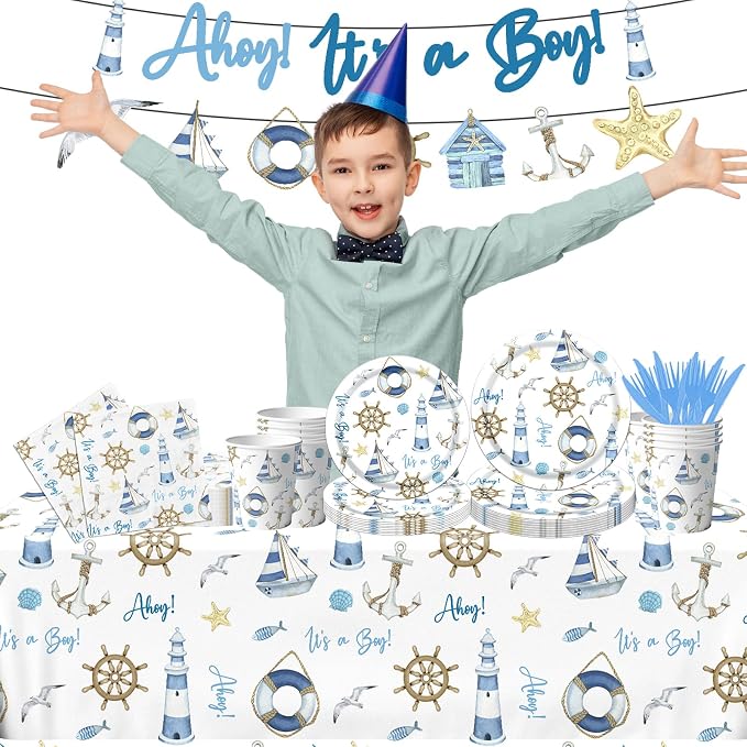 Ahoy Nautical Baby Shower Decorations Tableware - 142pcs Its A Boy Plates and Napkins Supplies, Party Dinnerware Tablecloth for Sailor Theme Decorations