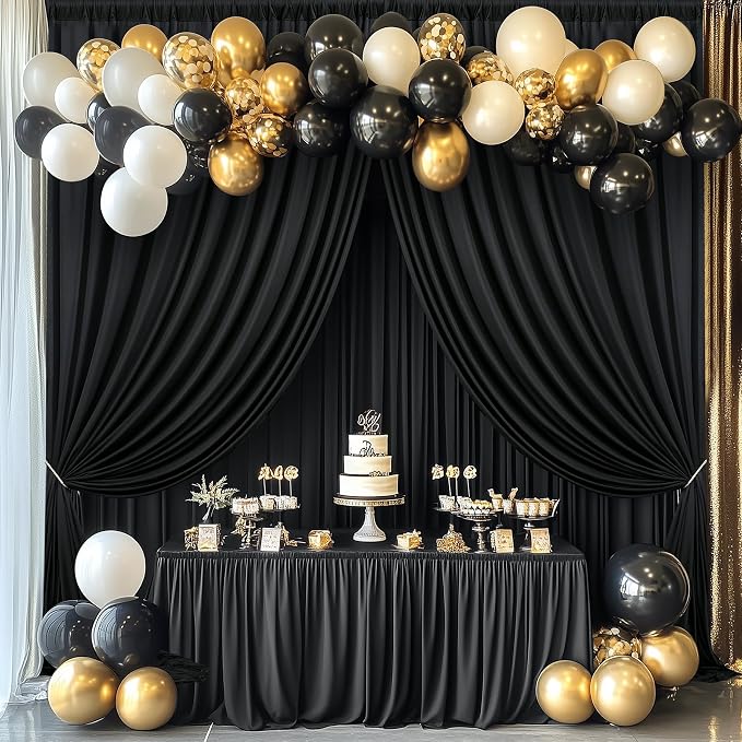 60ftx12ft Wrinkle Free Black Backdrop Curtains for Parties, Silky Polyester 12 Panels 12 ft Long Black Photo Backdrop Drapes Back Drop Cloth for Wedding Birthday Graduation Photography Background