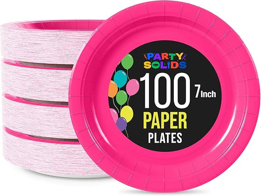 Exquisite Hot Pink Paper Plates Disposable Heavy Duty 7 Inch Hot Pink Disposable Plates For Party 100 Pcs Heavy Duty Paper Plate 350 GSM, Birthday Party Supplies Plate Set