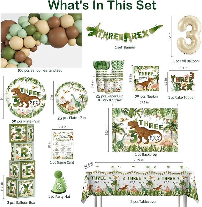 cocomigo 267pcs Three Rex Birthday Decorations Boy Complete Party Set, 3 Rex Birthday Decorations Boys, Serves 25 Guests, for Dinosaur Theme 3rd Party Supplies