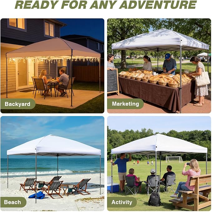 HYPER VENTURE 10x10ft Pop Up Canopy Tent with One Push Setup, Portable Outdoor Event Shelter with Rolling Carry Bag for Camping, Beach, Market, Patio (White)