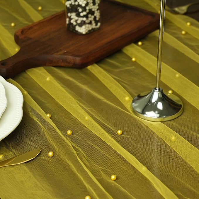 Set of 6 Pearl Table Runner 10ft, 29 * 120 Inch Yellow Table Cloth Sheer Tulle Table Cover,Pearl Table Runner for Wedding Party Baby Shower Birthday Home Decor