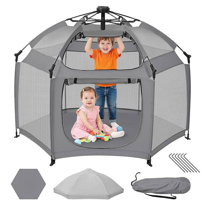 Dripex Pop Up Playpen w/t Built-in Pad & One-Click Safe Lock, Foldable Indoor/Outdoor Baby Playpen w/t Removable Canopy &Roll-Up Door & Top Mesh Window, Travel Pop and Go Beach Play Pen for Baby Grey