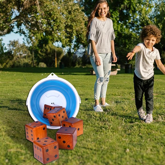 SpeedArmis 3.5" Giant Wooden Yard Dice Set - Large Lawn Yatzee with Scoreboard - Outdoor Beach Backyard Games for Adults Family (Including Collapsible Bucket)