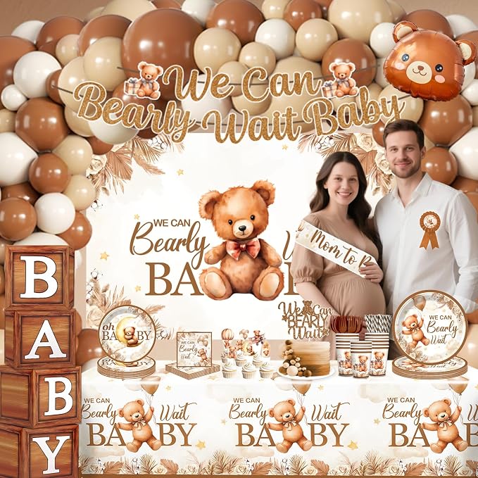 249 Pcs Bearly Wait Baby Shower Decorations, Brown Netural Balloon Arch Kit We Can Barely Wait Banner Plates and Napkin Set with Tablecloth Bear Baby Shower Decorations Brown
