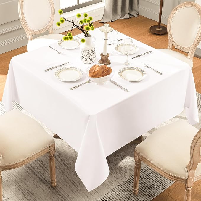 Square Tablecloth 52 x 52 Inch White 2 Pack Tablecloths Stain-Wrinkle Resistant Washable Polyester Table Cloths for Holiday, Buffet Parties, and Weddinge