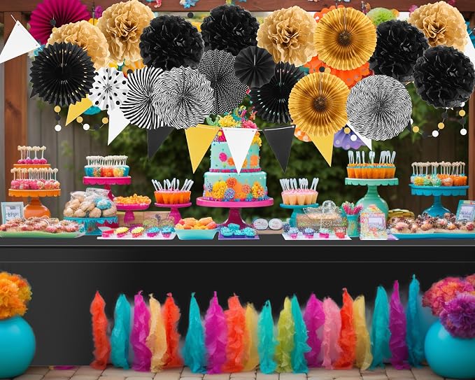 Fullhawl 27 Pcs Graduation Party Decoration, 6 Pcs Disposable Tablecloth 21 Pack Hanging Paper Fans, Pom Poms Flowers, Garland String Polka Dot and Triangle Flag Set for Birthday, Baby Shower, Wedding