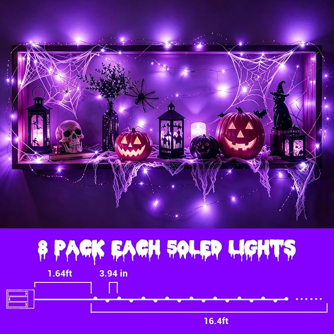 YEGUO Fairy Lights Battery Operated, 8 Packs Each 16ft 50 LED String Lights, 2 Modes Silver Wire Christmas Twinkle Light Indoor for Halloween Bedroom Wedding Party Holiday Gift(Purple)