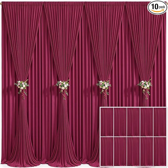 10 Panels Burgundy Backdrop Curtain for Wedding Parties Wrinkle Free Maroon Photo Curtains Backdrop Drapes Fabric Decoration for Birthday Bridal Shower Ceremony 50ft(W) x 10ft(H)