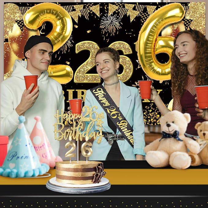 26th Birthday Decorations Men Women with 26th Birthday Banner, Black and Gold Table Cloth, Number Balloons, Large Sash, Cake Topper and Candles