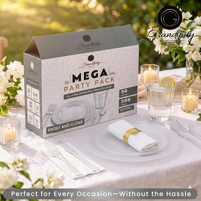 350 Piece Frost & Clear Disposable Dinnerware Set 50 Guests, Plastic Party Plates And Cups And Napkins Sets - 50 Count 9" Dinner Plates, 7" Dessert Plates, 12oz Cups, Paper Napkins,Forks-Knives-Spoons