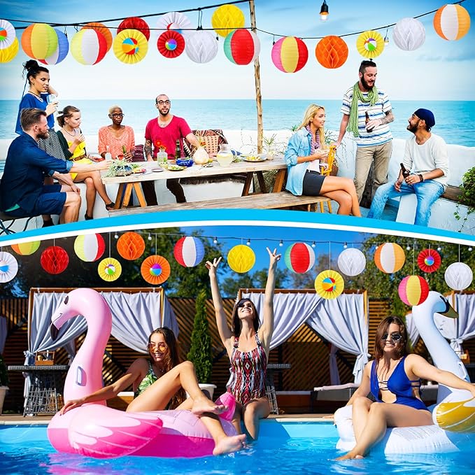 Retisee 18 Pcs Summer Beach Theme Party Decorations Beach Ball Paper Lanterns Fans Honeycomb Decorations Kit Summer Lanterns Fans Honeycomb for Pool Party Supplies
