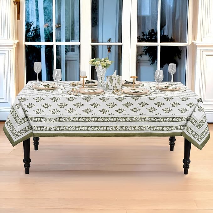 Ridhi Block Print Nature Spring Rectangle Cotton Tablecloth 90" x 60" Reusable Table Cover Decorative Everyday Use for Dining, Farmhouse, Home Gift for Spring, Easter, Valentine