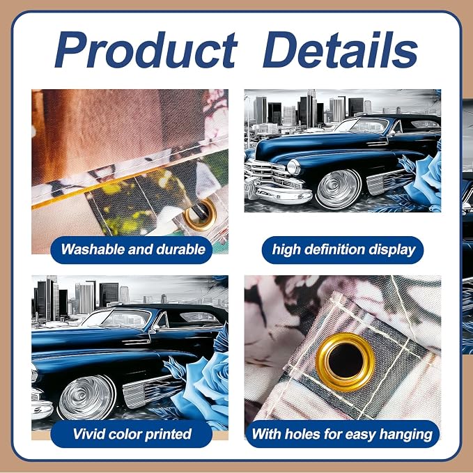 Lowrider Car Garage Door Banner Cover 7x16FT Waterproof – Vintage Blue Convertible & Blue Roses Backdrop with City Skyline,Outdoor Decor for Chicano Party,Car Show,Lowrider Birthday,Photo Booth