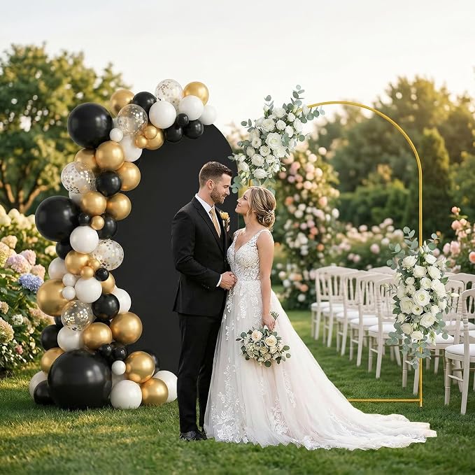 Arttown 7.2FT Gold Metal Arch Backdrop Stand and Black Arch Cover Set Suitable for Wedding Celebrations Birthday Parties Baby Showers Graduation Ceremonies Event Decoration