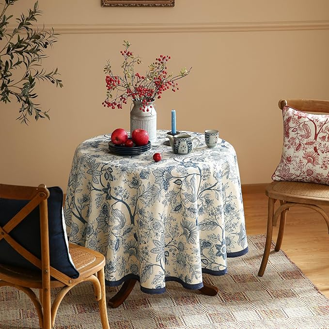 ISAENNE Designer Vintage Linen Round Tablecloth,Diameter 55"-Ruyi B | French Elegant Table Cloth for Round Table,Blue Floral Pattern,Durable,Heavyweight,Dining Room,Kitchen,Thanksgiving,Decor