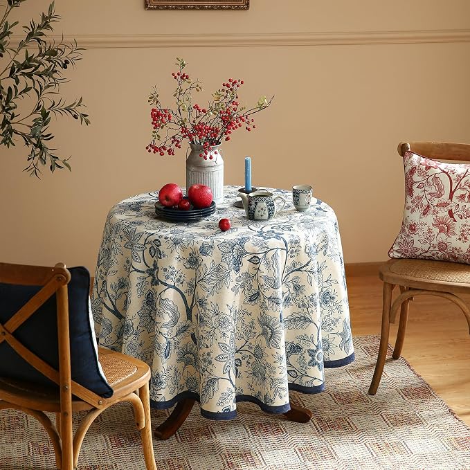 ISAENNE Designer Vintage Linen Round Tablecloth,Diameter 67"-Ruyi B | French Elegant Table Cloth for Round Table,Blue Floral Pattern,Durable,Heavyweight,Dining Room,Kitchen,Thanksgiving,Decor