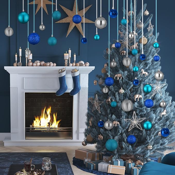 36 Pcs Christmas Balls Ornaments for Ceiling, 1.6'' 2.4'' 3.2'' Large Big Shatterproof Christmas Hanging Decorations Balls for Tree Xmas Holiday Party Indoor(Lake Blue, Navy Blue, Silver)