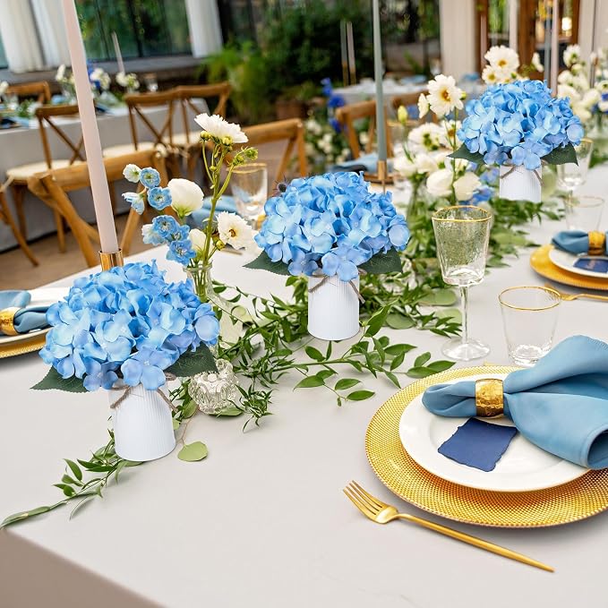 Zeyune Blue 12 Sets Wedding Flower Table Centerpieces Artificial Hydrangeas with Rustic Metal Vase Fake Hydrangea Flowers in Pot Floral Arrangement for Wedding Bridal Tea Party Table Home Decor