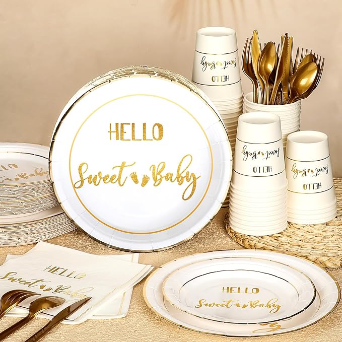 400 Pcs Baby Gender Reveal Plates and Cups and Napkins Sets with Forks Spoon Party Supplies Baby Shower Paper Tableware Gender Reveal Decorations Disposable Cutlery, Serves 50(Gold,Hello Sweet)