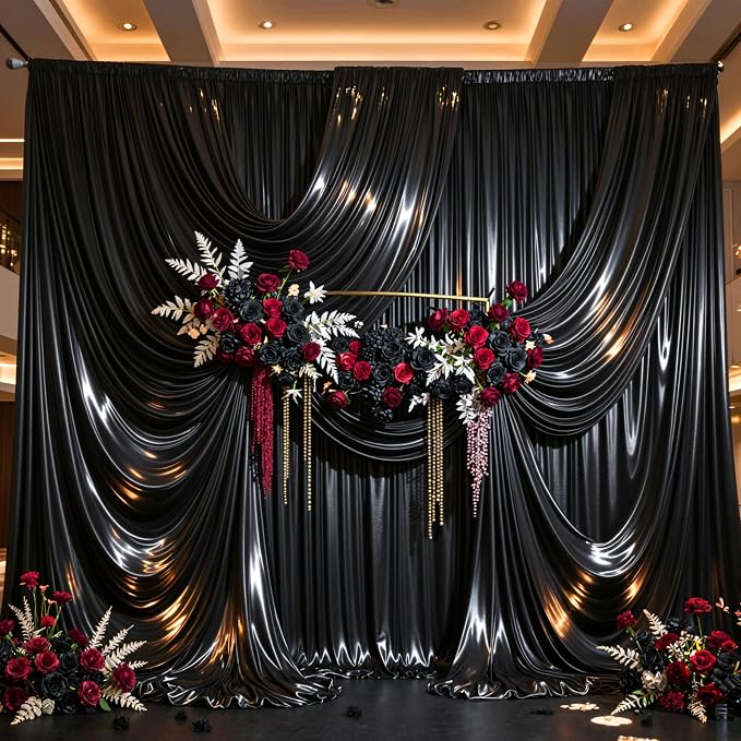 Black Glitter Backdrop Curtains - 10x12FT Satin Photo Backdrop, Wrinkle-Free Shimmer Back Drop Cloth Shiny Drapes for Photobooth Wedding Birthday Parties Photoshoot Background Decorations