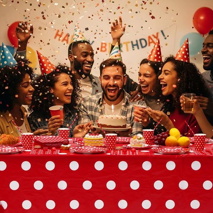 Funnymoom 452 Pcs Red Polka Dot Party Supplies for 50, Red and White Polka Dot Paper Plates Napkins Cups Tablecloth Cutlery Straws for Mouse Birthday Carnival Family Picnic Barbecue Party Decoration