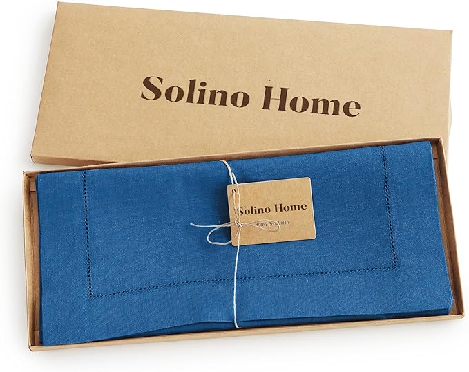 Solino Home Linen Indigo Blue Table Runner 144 Inches Long - 100% Pure Linen Extra Long Table Runner 14 x 144 Inch for Spring, Summer, Mothers Day - Classic Hemstitch