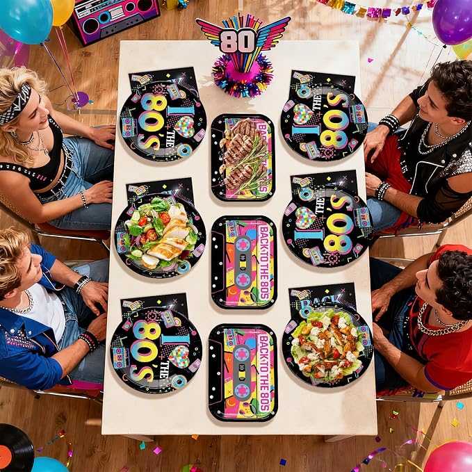 96Pcs Back to the 80s Birthday Party Decorations, Serve 24 | Back to the 80's Theme Plates and Napkins Tableware Sets Retro Colorful Hip Hop Decorations for Anniversary 1980's Supplies