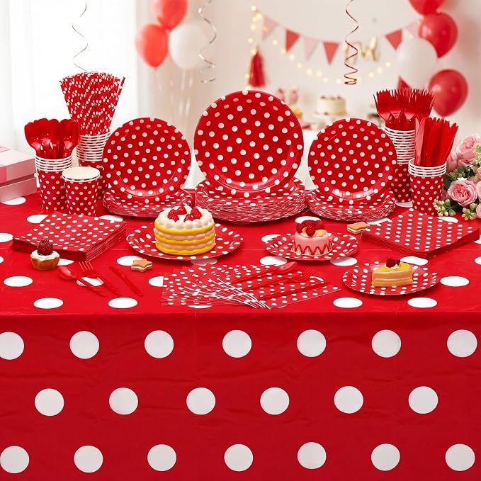 Funnymoom 452 Pcs Red Polka Dot Party Supplies for 50, Red and White Polka Dot Paper Plates Napkins Cups Tablecloth Cutlery Straws for Mouse Birthday Carnival Family Picnic Barbecue Party Decoration