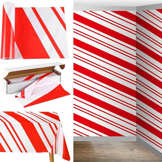 Oudain 54 Inch x 100 ft Red and White Striped Tablecloth Roll with Cutter Box Christmas Candy Cane Striped Tablecloth Wall Backdrop Plastic Table Cover for Christmas Holiday Party Supplies