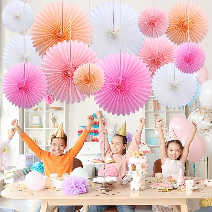 MotiMind 24 Pcs Hot Pink Paper Fans Valentines Day Party Decorations Classroom Decor Wall Background Ceiling Hanging for Birthday Wedding Baby Bridal Shower Engagement Party Favors