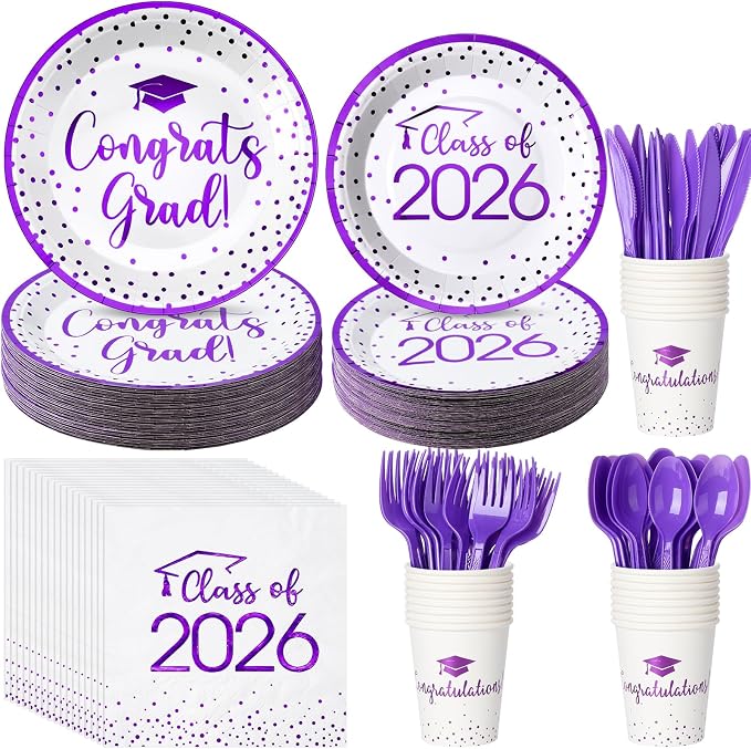 175pcs Class of 2026 Graduation Plates and Napkins Set, Disposable Paper Plate Set Polka Dots Napkin Cups Knife Fork Spoon for Graduation Party Decorations and Supplies,Serve 25 (White Purple)