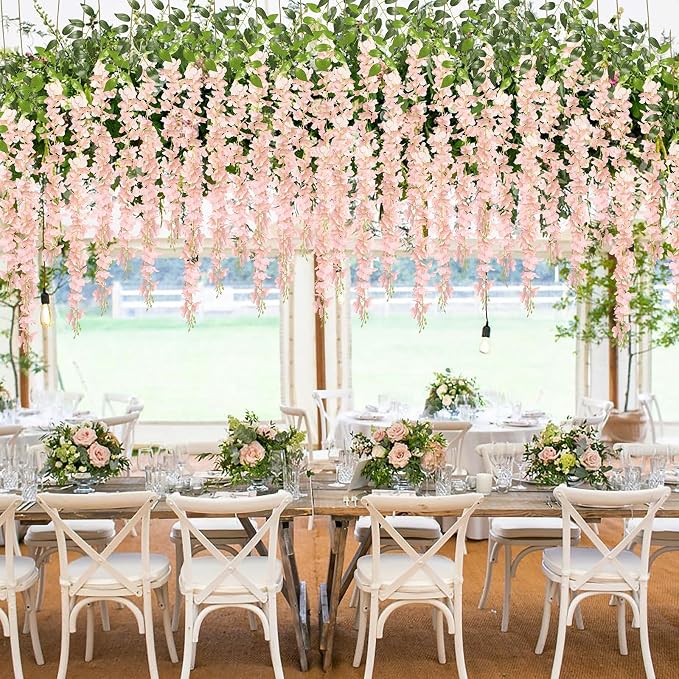 Pauwer 12 Pack Fake Flowers Wisteria Artificial Flower Garland Silk Wisteria Hanging Flowers Vine Rattan String Artificial Flowers for Home Garden Wedding Party Decorations,Blush Pink