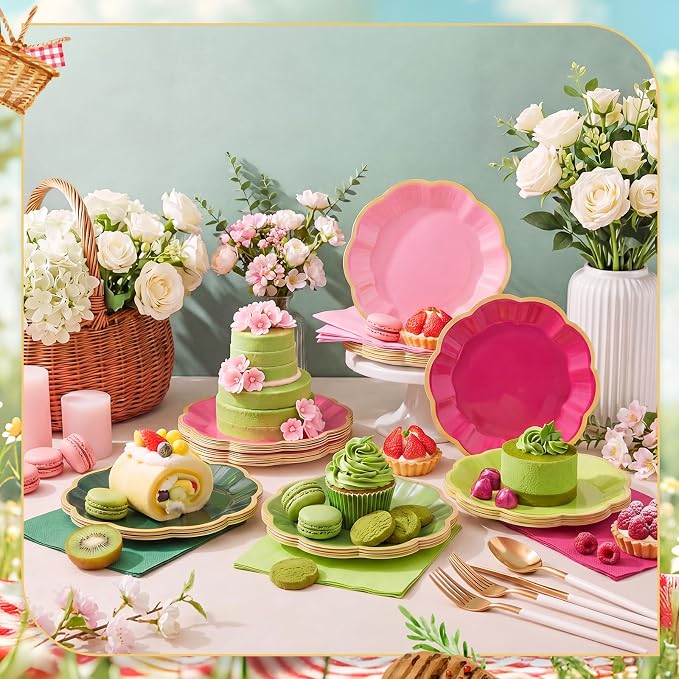 72 Pcs Pink and Green Paper Plates 9 Inch Pink and Green Guava Gradient Scalloped Paper Disposable Dinner Dessert Plates for Summer Birthday Wedding Bridal Party Supplies, 6 Colors