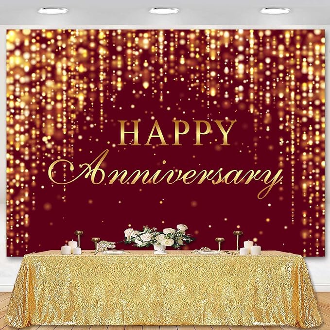 Sensfun Happy Anniversary Backdrop Burgundy Gold Glitter Marriage Wedding Party Decorations Banner Shining Flowing Curtain Happily Ever After Anniversary Sign Photography Background Photo Booth 8x6ft