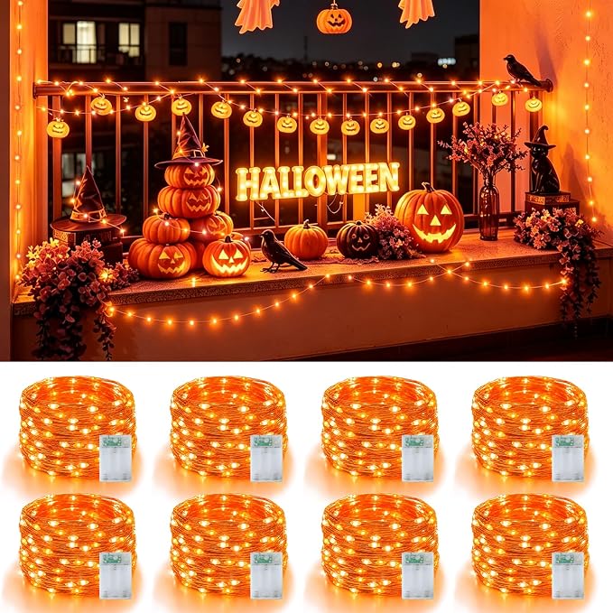 YEGUO Fairy Lights Battery Operated, 8 Packs Each 16ft 50 LED String Lights, 2 Modes Silver Wire Christmas Twinkle Light Indoor for Halloween Bedroom Wedding Party Holiday Gift(Orange)