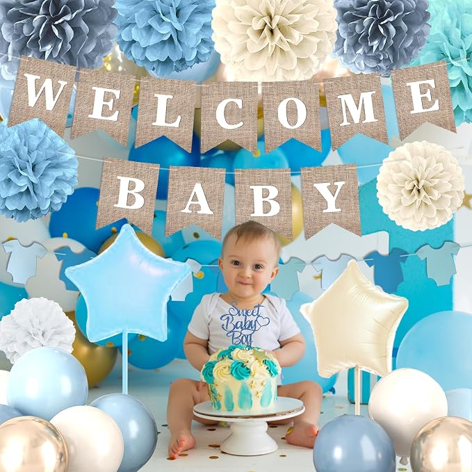 Dusty Blue Baby Shower Decorations, Boy Baby Shower Decor Set with Welcome Baby Banner, Paper Pom Poms, Sweet Baby-Boy Cake Topper, Fog Blue White Gold Balloons, Boho Baby Boy Shower Party Supplies