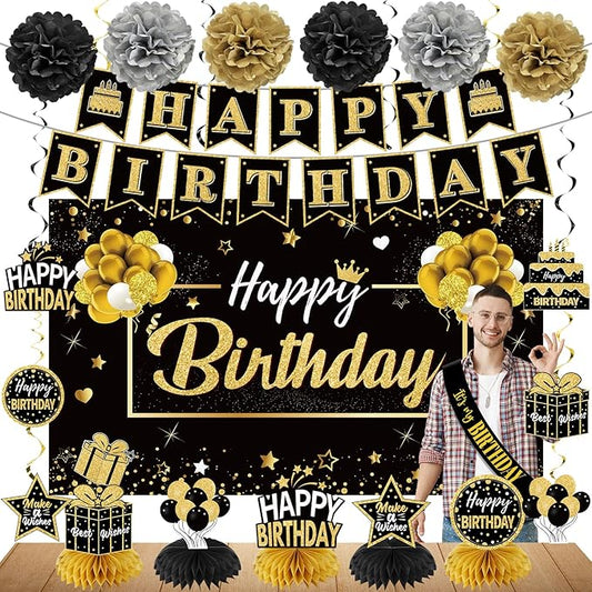 Zirtorei 20Pcs Black and Gold Birthday Party Decorations Kit for Men Women, Happy Birthday Banner Backdrop Honeycomb Centerpiece, Happy Birthday Hanging Swirl Table Topper Sash Paper Pompoms Set