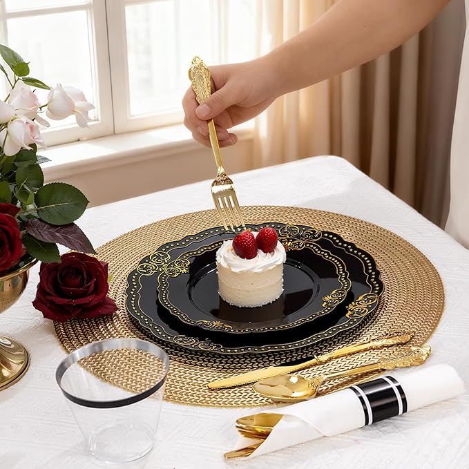 Ciaell 350 PCS Black Plastic Plates - Black and Gold Plates - Black Disposable Plates Include 100 Disposable Plate, 150 Heavy Duty Silverware, 50 Cups, 50 Napkins for Wedding & Party