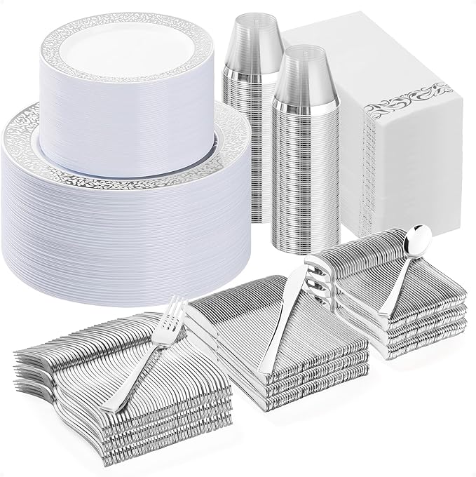 Bestluck 700PCS Silver Plastic Dinnerware Set for 100 Guests, Disposable Plates for Party, Include 100 Dinner Plates, 100 Dessert Plates, 100 Set Silver Silverware, 100 Cups, 100 Napkins