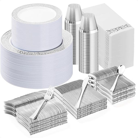 Bestluck 700PCS Silver Plastic Dinnerware Set for 100 Guests, Disposable Plates for Party, Include 100 Dinner Plates, 100 Dessert Plates, 100 Set Silver Silverware, 100 Cups, 100 Napkins