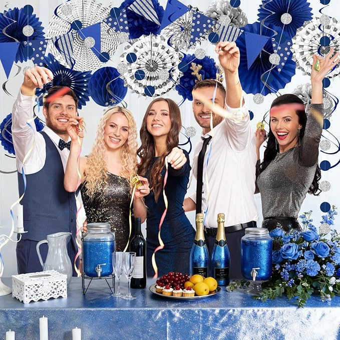 24 Pcs Blue and Silver Party Decorations, Paper Fans Honeycomb Pom Poms Pennant Garland, Reusable Hanging Supplies for 2026 Blue Graduation Decorations, Blue Birthday Decorations