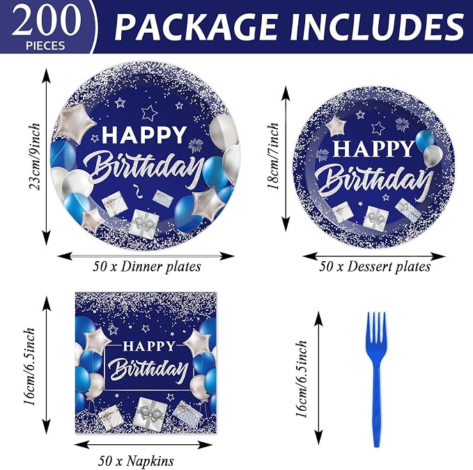 gisgfim 50 Guests Blue Birthday Party Supplies Navy Blue and Silver Plates and Napkins Plastic Forks Happy Birthday Tableware Paper Disposable Plates for Men Women Party 200PCS